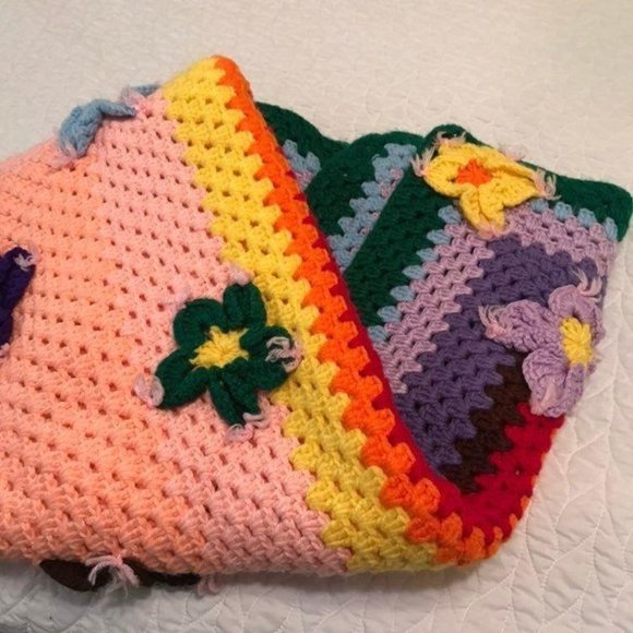 Rainbow 3D Flowers Crochet Throw Afghan Blanket - Picture 9 of 10